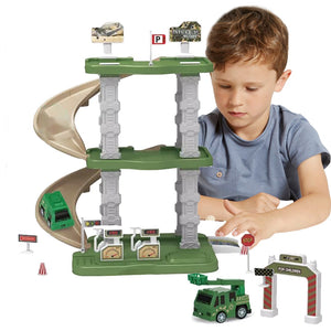 Military Truck Parking Lot Toy Set With 2 Sliding Engineering Vehicles (5 Carton Yellow, 5 Carpm Green). Christmas Toys Gifts For Kids | Birthday Gifts For Over 3 Years Old Boys | best Suited For Birthday And Return Gift