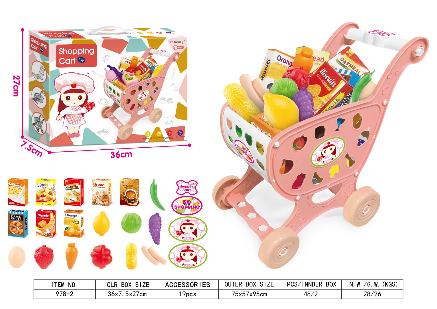 COO11 Kids Shopping Cart Trolley Toy Supermarket Playset with Fruit & Vegetables and Kids 69pcs Pretended Kitchen Playset with Light