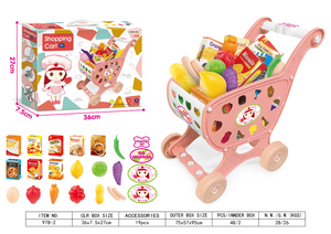 COO11 Kids Shopping Cart Trolley Toy Supermarket Playset with Fruit & Vegetables and Kids 69pcs Pretended Kitchen Playset with Light