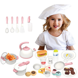 Coo11 24pcs Multi Kitchen Pretend Play Food Toys for Children, Preschool Game Plastic Milk Cake and Meat Cooking Simulation Educational Set for Boys and Girls Gift Ages 3+ Years Old