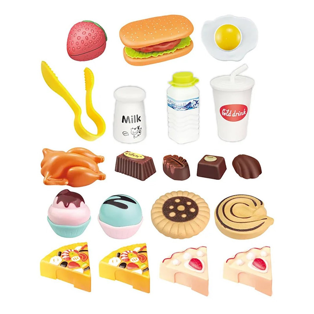 Coo11 24pcs Multi Kitchen Pretend Play Food Toys for Children, Preschool Game Plastic Milk Cake and Meat Cooking Simulation Educational Set for Boys and Girls Gift Ages 3+ Years Old