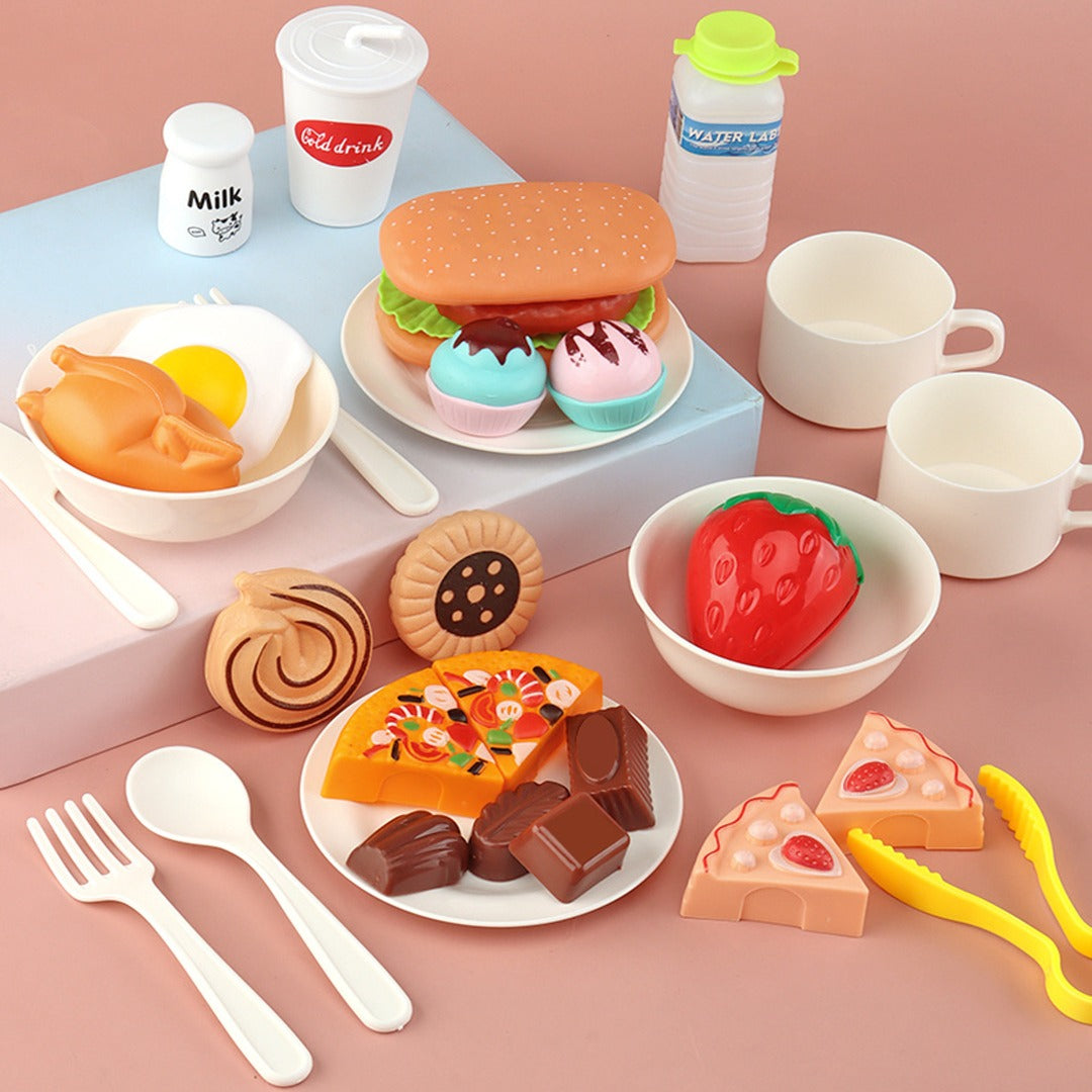Coo11 24pcs Multi Kitchen Pretend Play Food Toys for Children, Preschool Game Plastic Milk Cake and Meat Cooking Simulation Educational Set for Boys and Girls Gift Ages 3+ Years Old