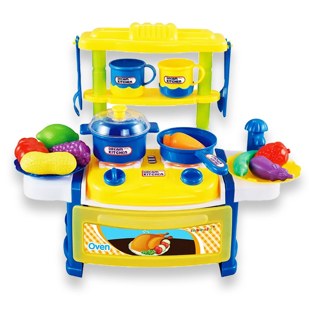 Coo11 39pcs 3 in 1Yellow Kitchen Pretend Play Food Toys for Children, Preschool Game Plastic Fruit Vegetable DIY Kids Educational Toys Cookware Tool Water Faucet Sets for Girls Kids Ages 5+ Years Old