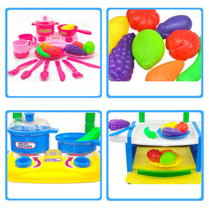 Coo11 39pcs 3 in 1Yellow Kitchen Pretend Play Food Toys for Children, Preschool Game Plastic Fruit Vegetable DIY Kids Educational Toys Cookware Tool Water Faucet Sets for Girls Kids Ages 5+ Years Old