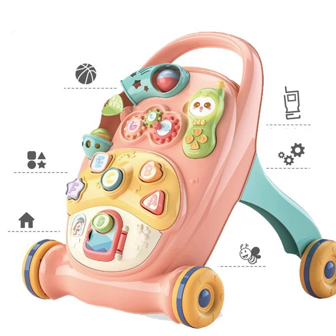 Coo11 Baby Educational Walker Trolley Children with Lights & Sounds Walker Baby Multi-Function Anti-Rollover Stroller, Removable Play Panel, Music Learning Play Toys Gift for Infant Boys Girls Pink