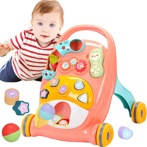 Coo11 Baby Educational Walker Trolley Children with Lights & Sounds Walker Baby Multi-Function Anti-Rollover Stroller, Removable Play Panel, Music Learning Play Toys Gift for Infant Boys Girls Pink