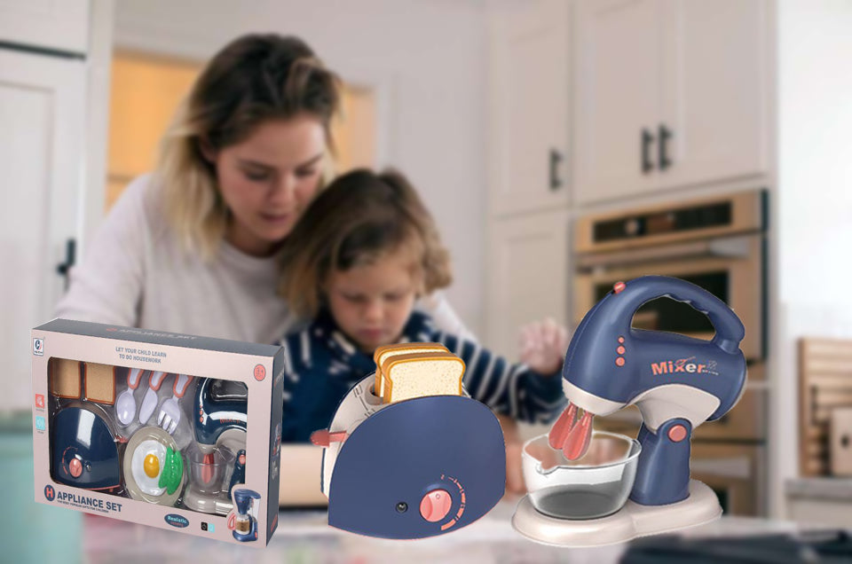 Coo11 Kids Toaster Mixer Blender Kitchen Appliances Toy, Kids Kitchen Pretend Play Set with Coffee Maker Machine,Toaster, Blender & Mixer with Realistic Light and Sounds, Play Kitchen Set for Kids