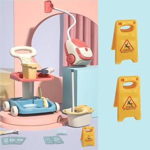 Coo11 Kids Cleaning Mini Set, Toy Cleaning Set Includes Vacuum, Broom, Mop, Brush, Dust Pan, Duster, Sponge, Bucket, Caution Sign, Trash Can, Kids cleaning play set trolly, Educational Toys