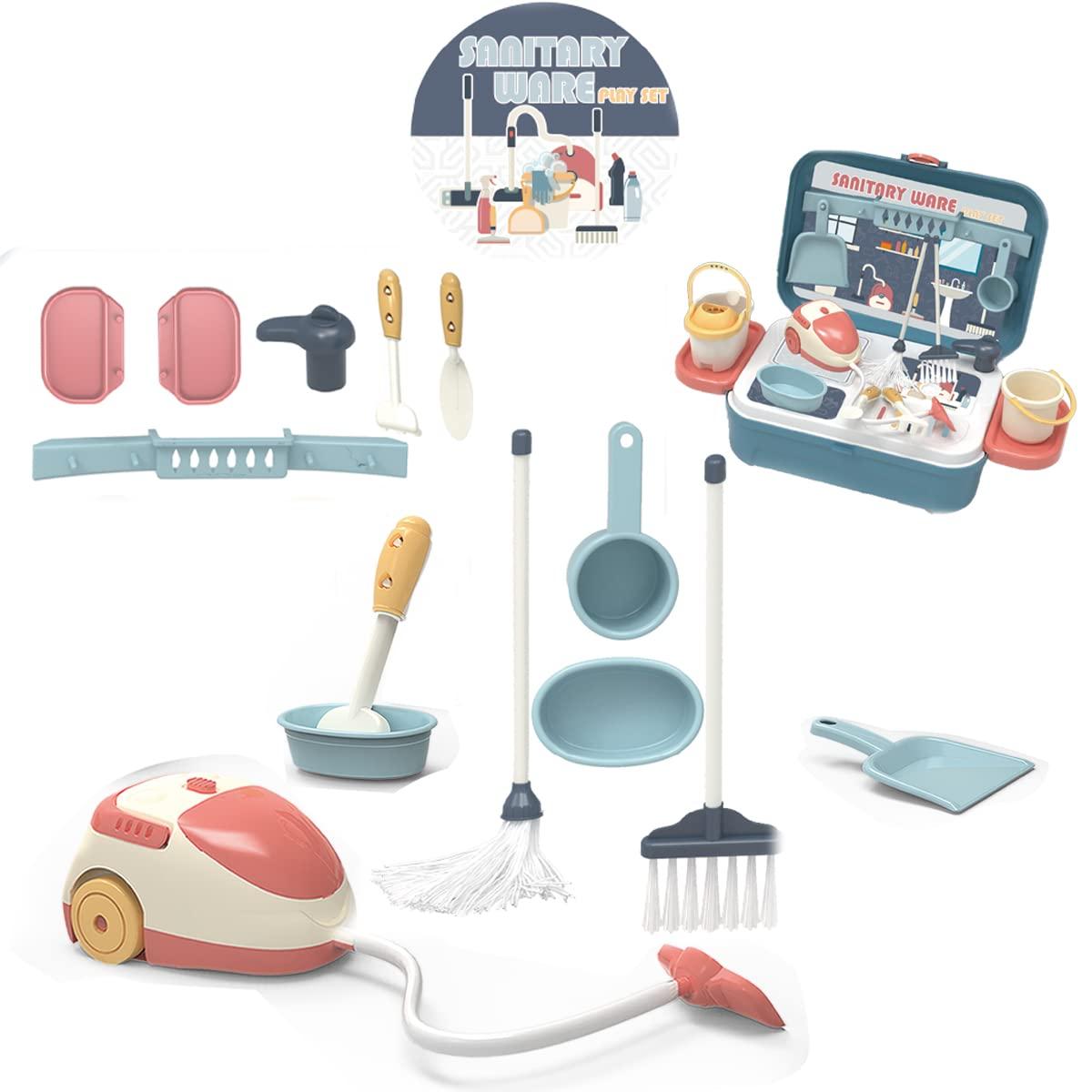 Coo11 Housekeeping Cleaning Set Toys for Kids, Pretend Play Sanitary Ware Plastic Sweeper Trolley Set, Skill Developmental, Perfect Gifts Birthday and Christmas for Boys & Girls Age 3 to 7 Years