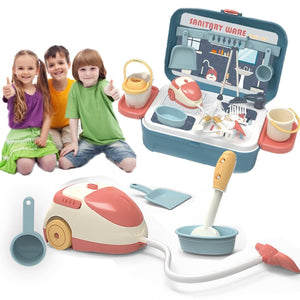 Coo11 Housekeeping Cleaning Set Toys for Kids, Pretend Play Sanitary Ware Plastic Sweeper Trolley Set, Skill Developmental, Perfect Gifts Birthday and Christmas for Boys & Girls Age 3 to 7 Years