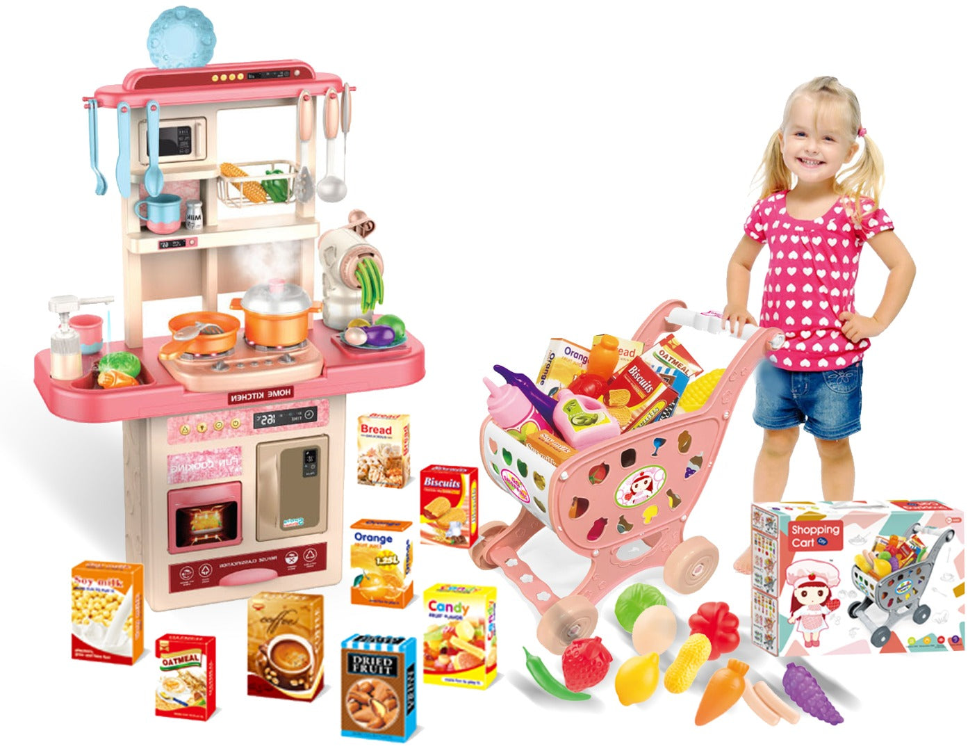 COO11 Kids Shopping Cart Trolley Toy Supermarket Playset with Fruit & Vegetables and Kids 69pcs Pretended Kitchen Playset with Light