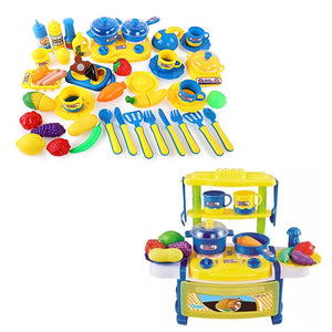 Coo11 43pcs Yellow Kitchen Pretend Play Food Toys for Children, Preschool Game Plastic Milk Cake and Meat Cooking Simulation Educational Set for Boys