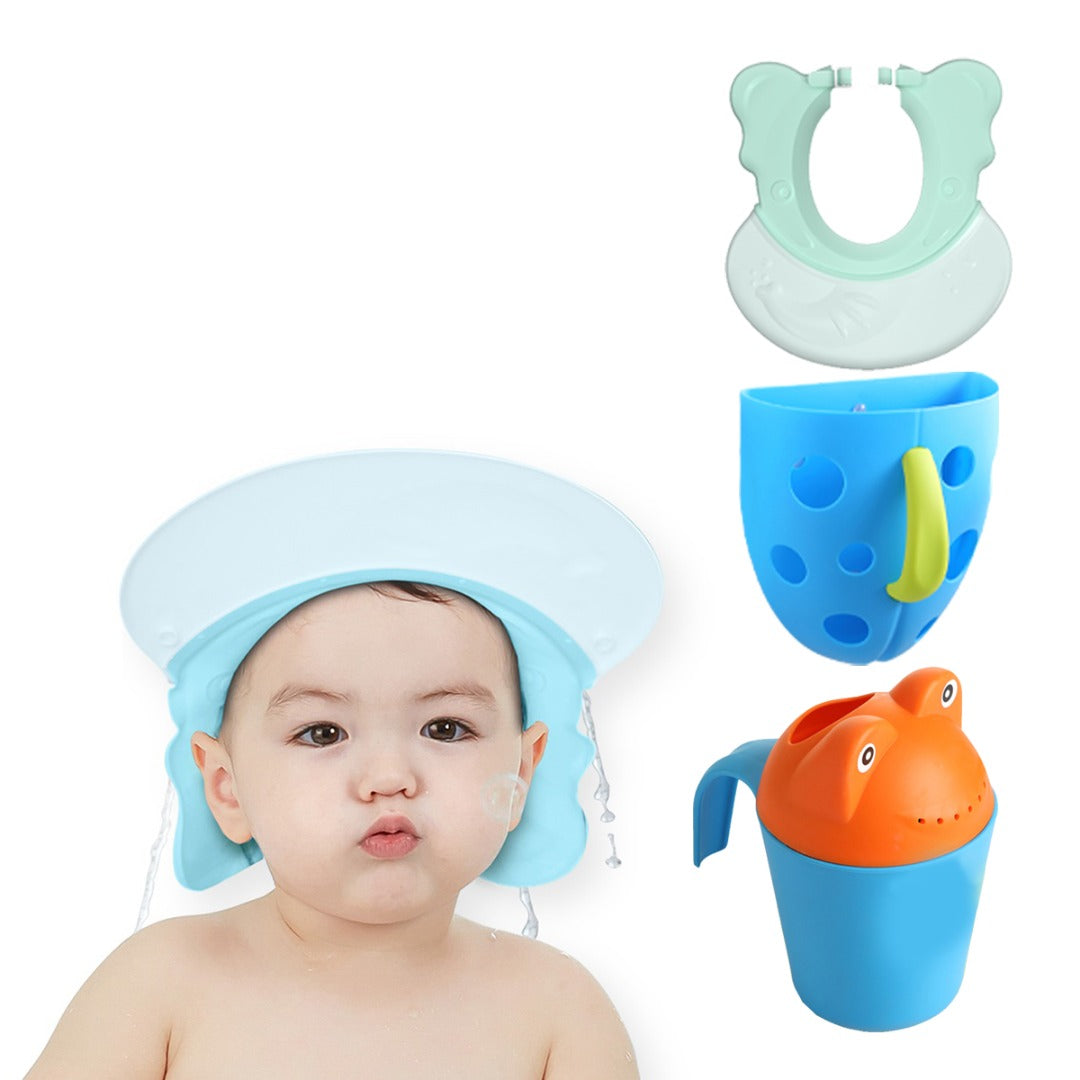 Coo11 Wall-Mounted Bath Toy Organizer Blue & Baby Frog Design Bath Rinse Cup Blue & Baby Adjustable Shower Cap bath not included