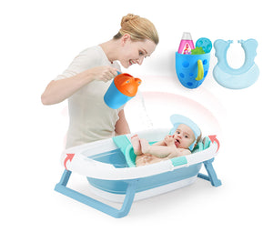 Coo11 Wall-Mounted Bath Toy Organizer Blue & Baby Frog Design Bath Rinse Cup Blue & Baby Adjustable Shower Cap bath not included