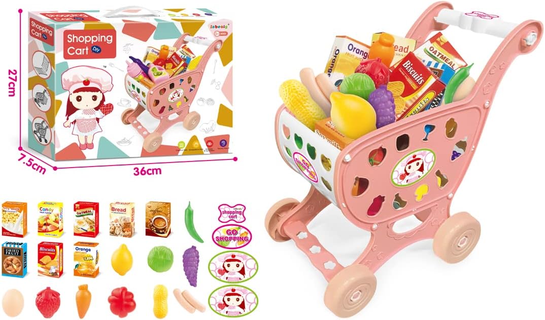 COO11 Kids Shopping Cart Trolley Toy Supermarket Playset with Fruit & Vegetables and Kids 69pcs Pretended Kitchen Playset with Light