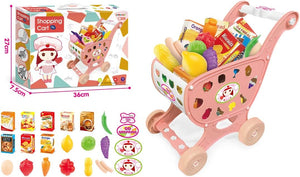 COO11 Kids Shopping Cart Trolley Toy Supermarket Playset with Fruit & Vegetables and Kids 69pcs Pretended Kitchen Playset with Light