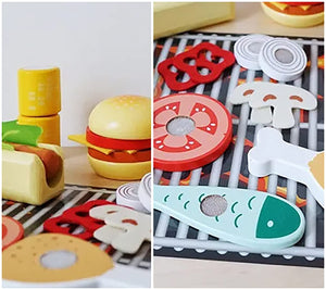 Coo11 Kids Pretent Play Wooden Family Barbecue Set with 25 Pieces, Includes 1 Beef Patty, 1 Hamburger Bun, 1 Hot Dog, 1 Chicken Leg, 1 Fish, Tomatoes & Mushroom and many more for 3 Years and up