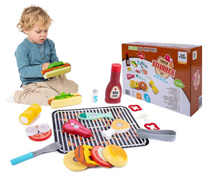 Coo11 Kids Pretent Play Wooden Family Barbecue Set with 25 Pieces, Includes 1 Beef Patty, 1 Hamburger Bun, 1 Hot Dog, 1 Chicken Leg, 1 Fish, Tomatoes & Mushroom and many more for 3 Years and up