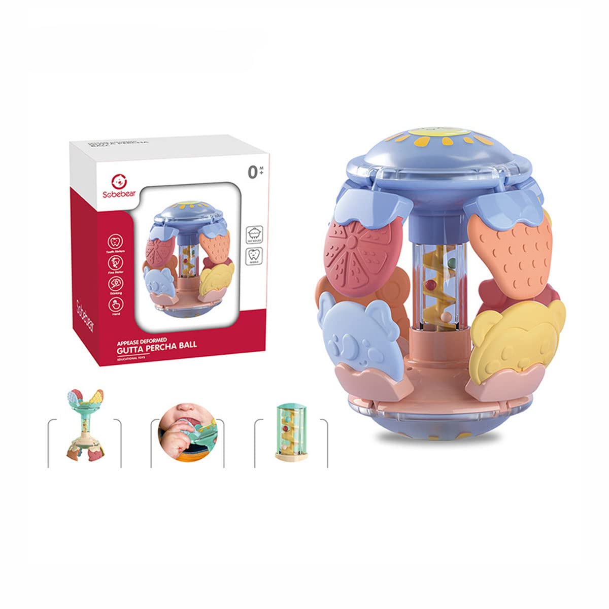 Coo11 Kids Rotation Ring Soft Silicone Rattle Teether, Multifunction Newborn Sensory Hand Grabbing Ball, Relief Pain, Educational Strengthen Toy, Suitable for Babies & Toddler (Blue)