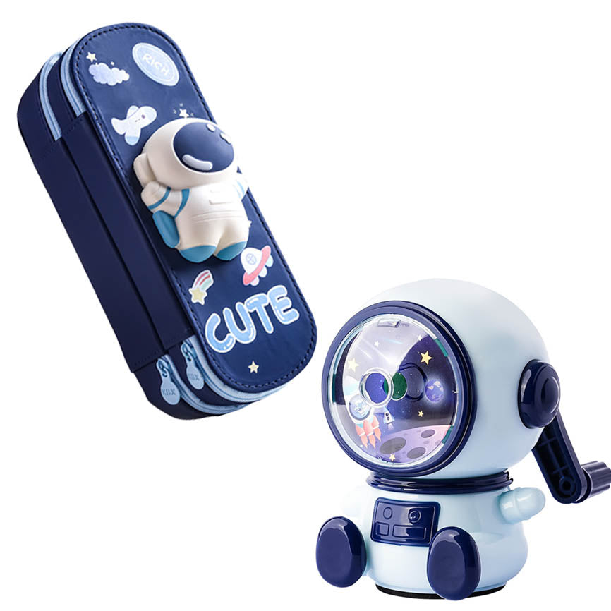 Coo11 Kids Astronaut Design Pencil Sharpener & 2-in-1 Big Capacity Multiple Storage Pen & Pencil Pouch