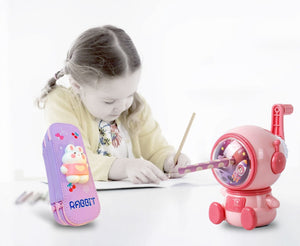 Coo11 2-in-1 Big Capacity Multiple Storage Pen & Pencil Pouch and Kids Astronaut Design Pencil Sharpener (Pink)