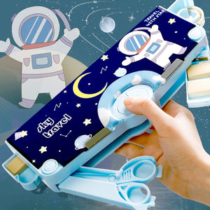 Coo11 Kids Stationery Pen & Pencil Box and Kids Rocket Design Pencil Sharpener (Navy Blue)