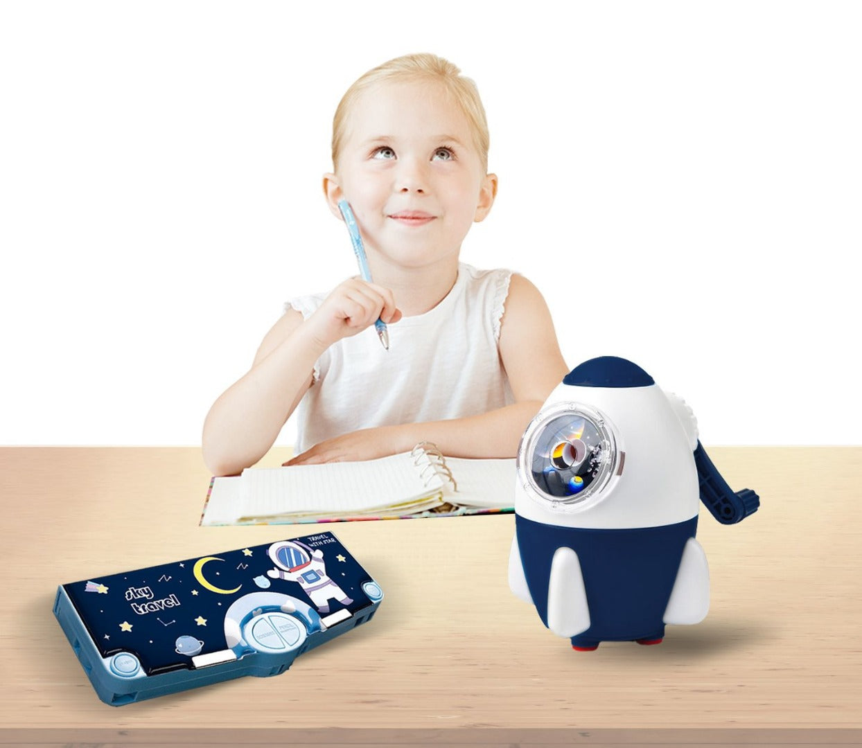 Coo11 Kids Stationery Pen & Pencil Box and Kids Rocket Design Pencil Sharpener (Navy Blue)