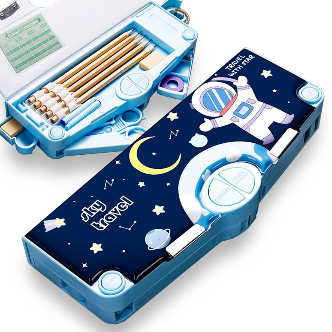 Coo11 Kids Stationery Pen & Pencil Box and Kids Rocket Design Pencil Sharpener (Navy Blue)