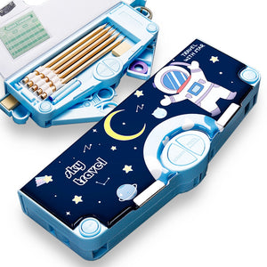 Coo11 Kids Stationery Pen & Pencil Box and Kids Rocket Design Pencil Sharpener (Navy Blue)