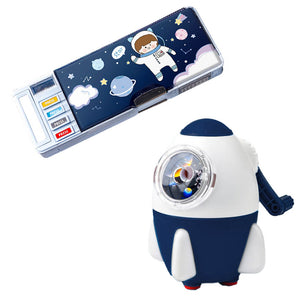 Coo11 Kids Stationery Pen & Pencil Box and Kids Rocket Design Pencil Sharpener (Navy Blue)