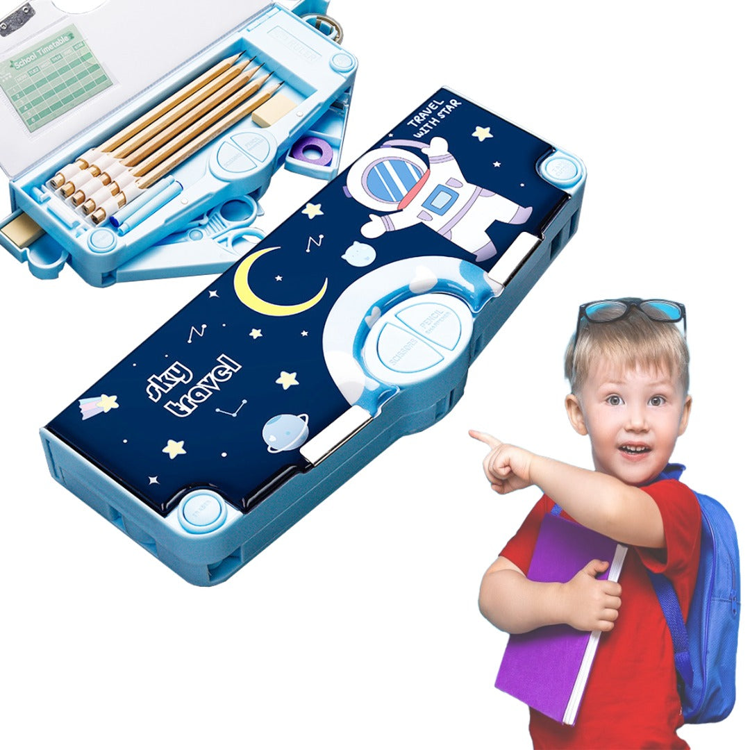 Coo11 Kids Stationery Pen & Pencil Box and Kids Rocket Design Pencil Sharpener (Navy Blue)