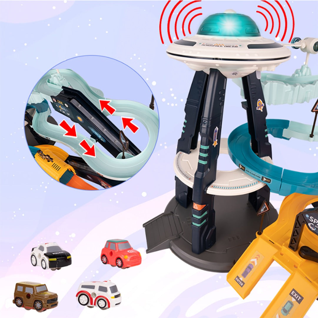 Coo11 Pretent Play Electric Mars Base Orbit Cars Track Toy, Space Base Adventure, Colourful Vehicle Play Set with Light & Sound, Perfect Car Toy for Kids 3 Years and up
