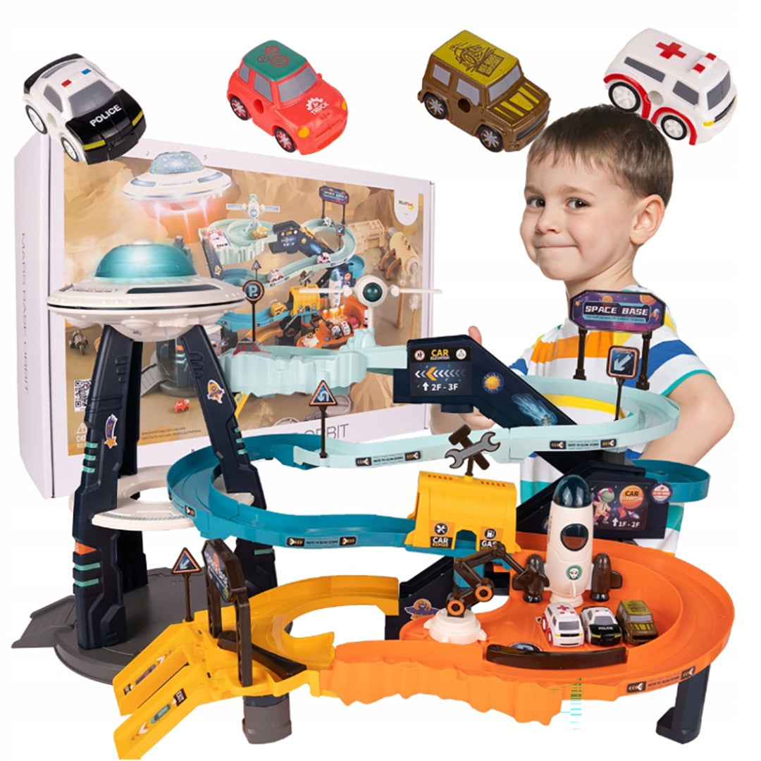 Coo11 Pretent Play Electric Mars Base Orbit Cars Track Toy, Space Base Adventure, Colourful Vehicle Play Set with Light & Sound, Perfect Car Toy for Kids 3 Years and up