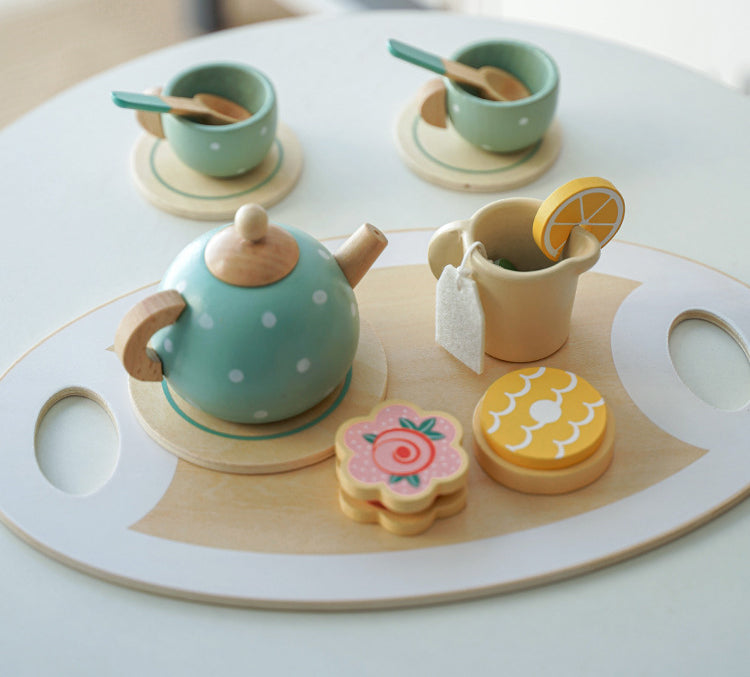 Coo11 Kids Multicoloured Pretend Play Wooden Afternoon Tea Set, Includes 1 Teapot, 2 Cup & Saucers, 1 Mug, 2 Spoons,1 Tray and Food Pots for Kids 3 Years and up