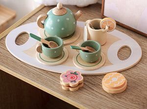 Coo11 Kids Multicoloured Pretend Play Wooden Afternoon Tea Set, Includes 1 Teapot, 2 Cup & Saucers, 1 Mug, 2 Spoons,1 Tray and Food Pots for Kids 3 Years and up