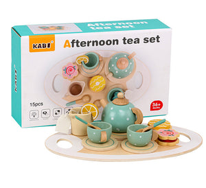 Coo11 Kids Multicoloured Pretend Play Wooden Afternoon Tea Set, Includes 1 Teapot, 2 Cup & Saucers, 1 Mug, 2 Spoons,1 Tray and Food Pots for Kids 3 Years and up