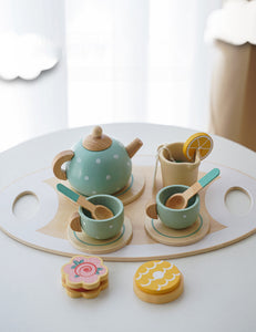 Coo11 Kids Multicoloured Pretend Play Wooden Afternoon Tea Set, Includes 1 Teapot, 2 Cup & Saucers, 1 Mug, 2 Spoons,1 Tray and Food Pots for Kids 3 Years and up