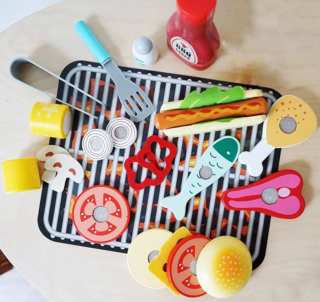 Coo11 Kids Pretent Play Wooden Family Barbecue Set with 25 Pieces, Includes 1 Beef Patty, 1 Hamburger Bun, 1 Hot Dog, 1 Chicken Leg, 1 Fish, Tomatoes & Mushroom and many more for 3 Years and up