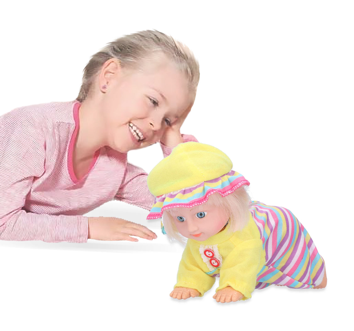 Cool11 Electric crawling Girl Baby with sound Rubber 10-inch girls soft Vinyl Realistic Baby doll Laughing Talking Singing dancing Interactive Kids Toy suitable for Aged 4+ (Yellow)