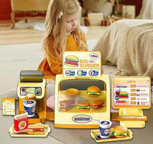 Coo11 25 pcs Kids Pretend play hamburger cashier machine for kids simulation big burger juice maker machine supermarket shopping play house toys for kids baby pretend play food gift for kids Aged 3+