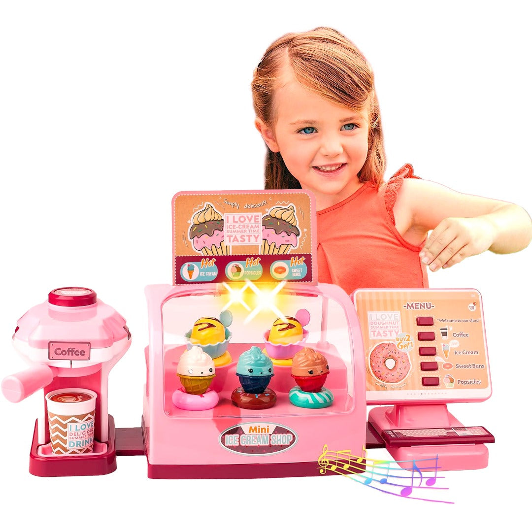 Coo11 28 pcs Kids Pretend play ice cream cashier machine for kids simulation ice cream juice maker machine supermarket shopping play house toys for kids baby pretend play food gift for kids Aged 3+