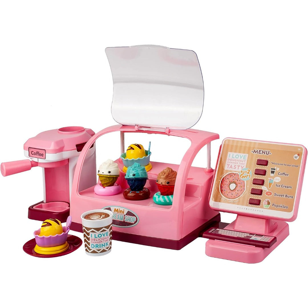 Coo11 28 pcs Kids Pretend play ice cream cashier machine for kids simulation ice cream juice maker machine supermarket shopping play house toys for kids baby pretend play food gift for kids Aged 3+