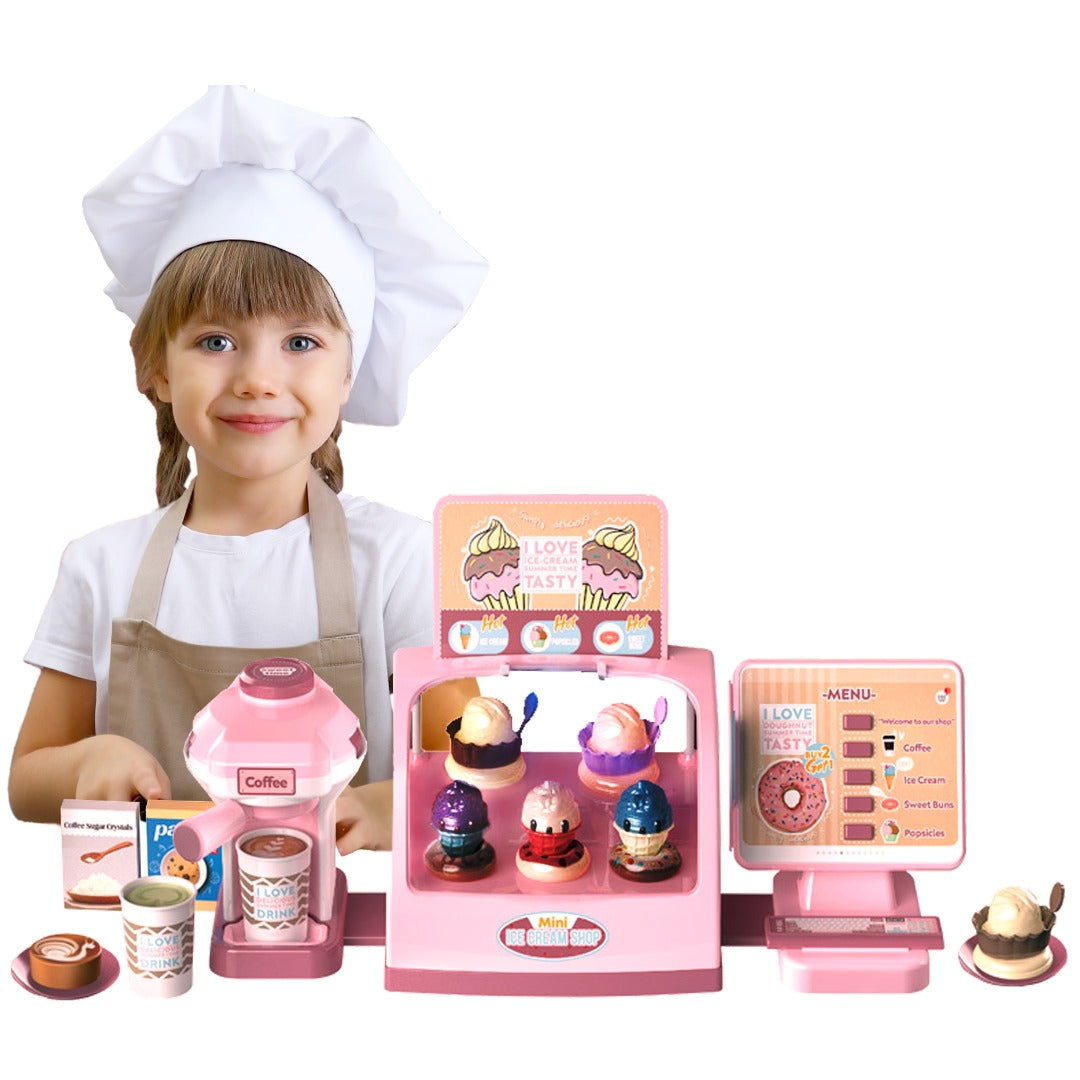 Coo11 28 pcs Kids Pretend play ice cream cashier machine for kids simulation ice cream juice maker machine supermarket shopping play house toys for kids baby pretend play food gift for kids Aged 3+