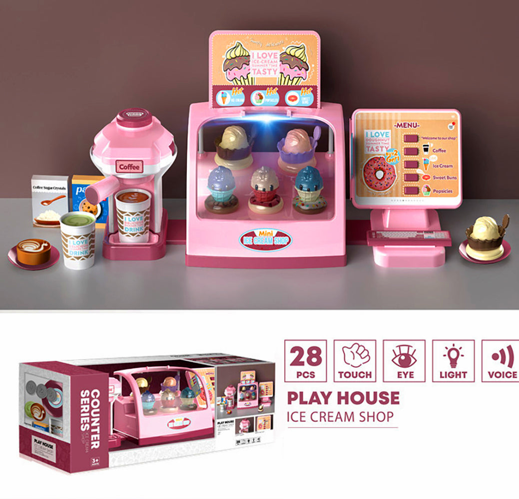 Coo11 28 pcs Kids Pretend play ice cream cashier machine for kids simulation ice cream juice maker machine supermarket shopping play house toys for kids baby pretend play food gift for kids Aged 3+