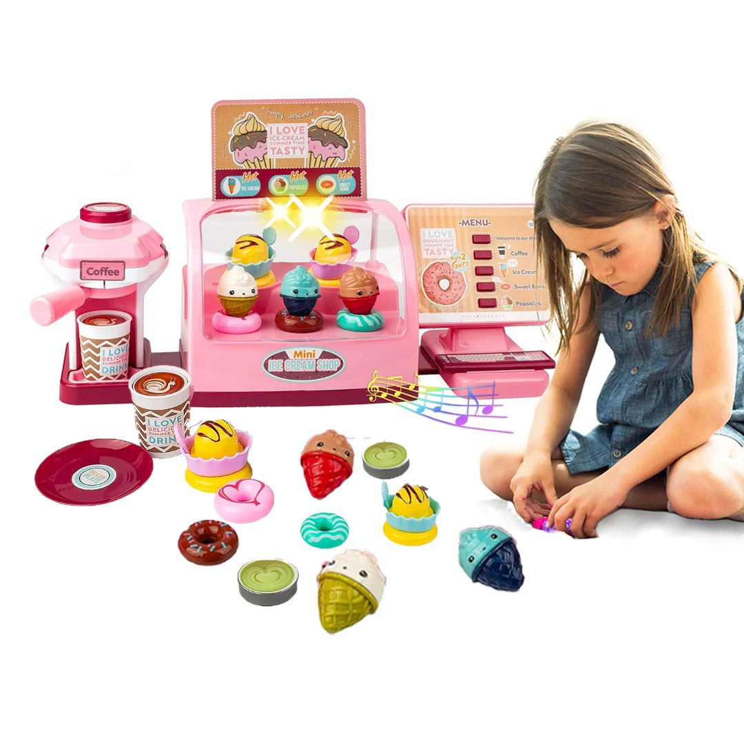 Coo11 28 pcs Kids Pretend play ice cream cashier machine for kids simulation ice cream juice maker machine supermarket shopping play house toys for kids baby pretend play food gift for kids Aged 3+