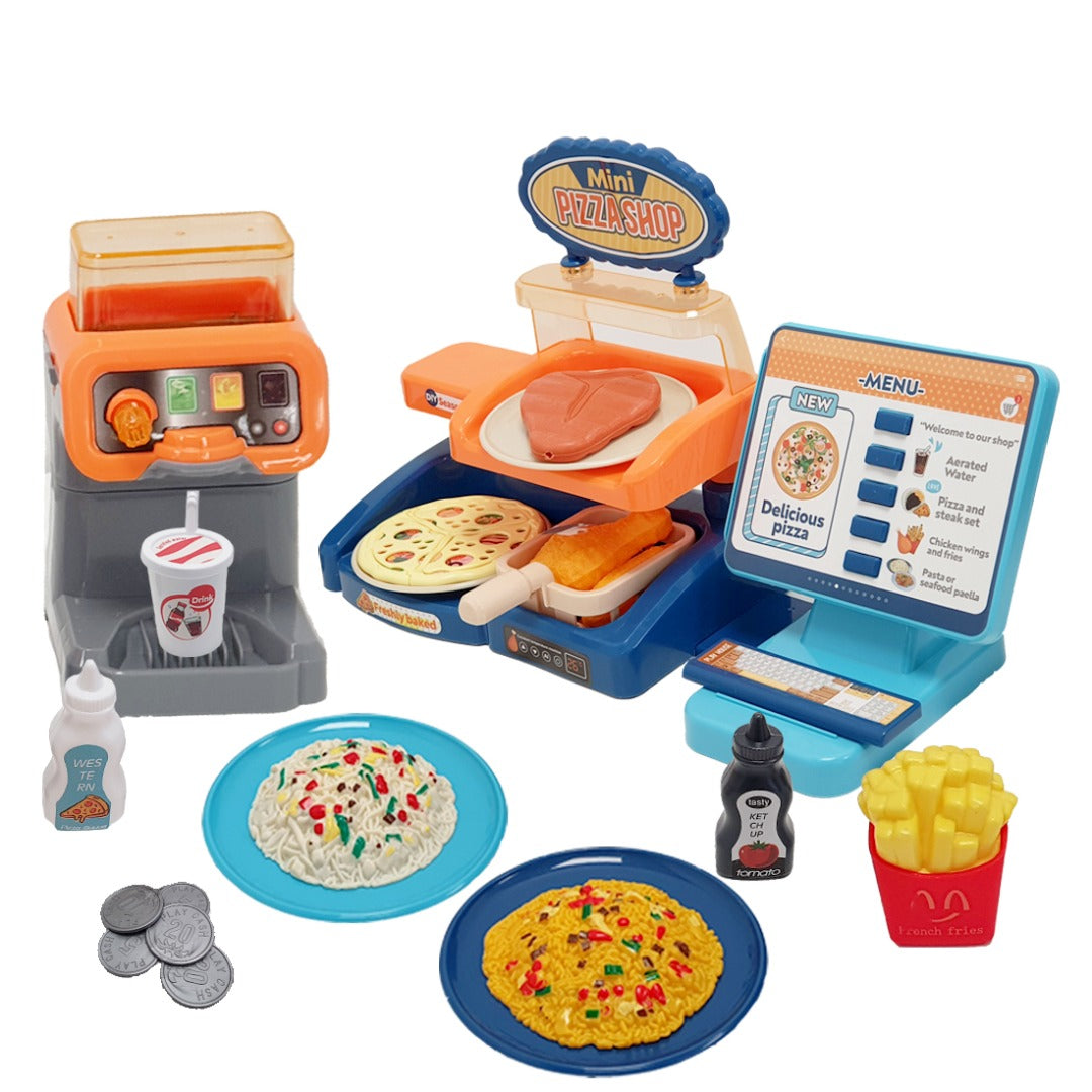 Coo11 35 pcs Kids Pretend play Pizza cashier machine for kids simulation pizza pasta juice maker machine supermarket shopping play house toys for kids baby pretend play food gift for kids Aged 3+