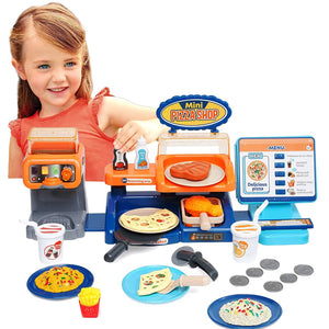Coo11 35 pcs Kids Pretend play Pizza cashier machine for kids simulation pizza pasta juice maker machine supermarket shopping play house toys for kids baby pretend play food gift for kids Aged 3+