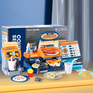 Coo11 35 pcs Kids Pretend play Pizza cashier machine for kids simulation pizza pasta juice maker machine supermarket shopping play house toys for kids baby pretend play food gift for kids Aged 3+