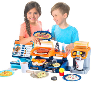 Coo11 35 pcs Kids Pretend play Pizza cashier machine for kids simulation pizza pasta juice maker machine supermarket shopping play house toys for kids baby pretend play food gift for kids Aged 3+