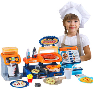 Coo11 35 pcs Kids Pretend play Pizza cashier machine for kids simulation pizza pasta juice maker machine supermarket shopping play house toys for kids baby pretend play food gift for kids Aged 3+
